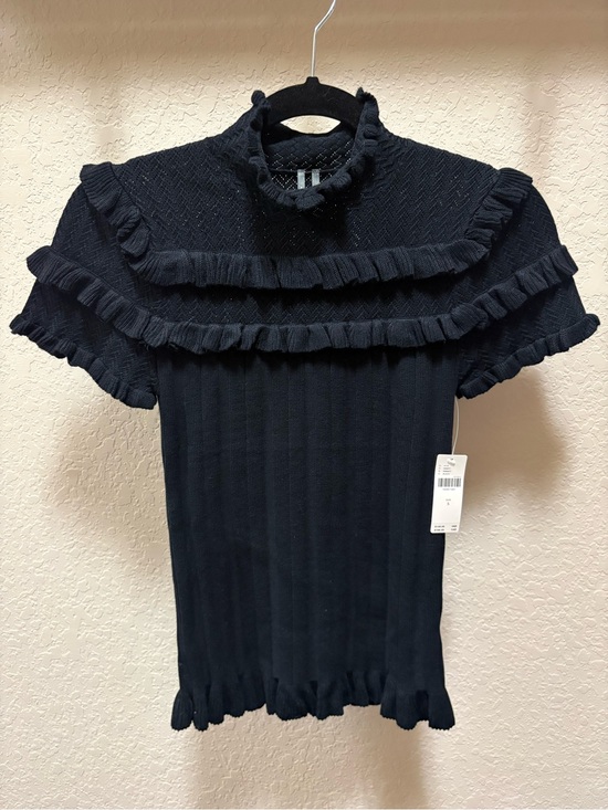 Anthropologie Tops - Anthropologie Black Ruffle-Trim Knit Short Sleeve Mock Neck Top